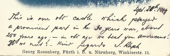 Historische Ansichtskarte Fürth 1898 - Alte Veste bei Fürth - Aussichtsturm, versandt von Hermann Rosenhaupt am 20. September 1899 nach Greenwood - Massachusetts in den USA - Ausschnittvergrößerung Firmenname und Kartentext 