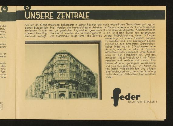 Yellowed page of an advertising brochure. At the top it says: OUR CENTER. Left: Photograph of a tall corner department store. Around it continuous text. Bottom right: FEDER. Fountain Street 1/2