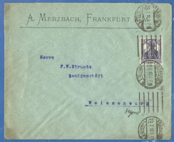 Briefumschlag von A. Merzbach, versandt am 20. Juli 1918 nach Weissenburg in Bayern