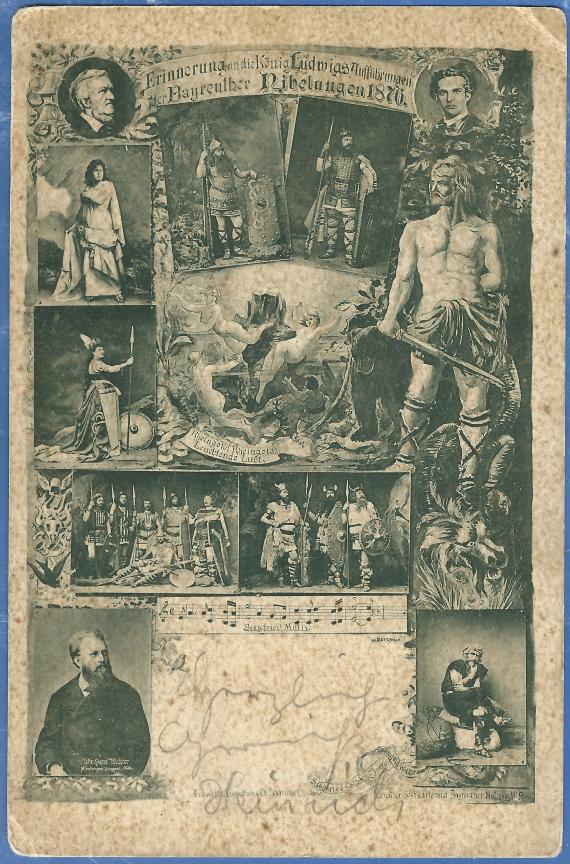 Historische Ansichtskarte - Künstlerpostkarte - Erinnerung an die König Ludwigs Aufführungen der Bayreuther Nibelungen 1876 Historische Ansichtskarte - Erinnerung an die König Ludwigs Aufführungen der Bayreuther Nibelungen 1876, - versandt an Frau Hugo Murr aus Bayreuth am 15. August 1899 - Die Karte stammt aus einer Reihe von Künstlerpostkarten mit Bayreuther Motiven und ist die Karte Nr° 9.