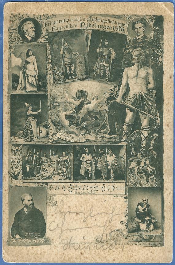 Historische Ansichtskarte - Erinnerung an die König Ludwigs Aufführungen der Bayreuther Nibelungen 1876, - versandt an Frau Hugo Murr aus Bayreuth am 15. August 1899 - Die Karte stammt aus einer Reihe von Künstlerpostkarten mit Bayreuther Motiven und ist die Karte Nr° 9.