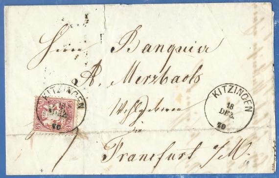 Envelope addressed to Mr. Banquier A. Merzbach, Wohlgeboren, in Frankfurt am Main, - sent from Kitzingen on December 18, 1870