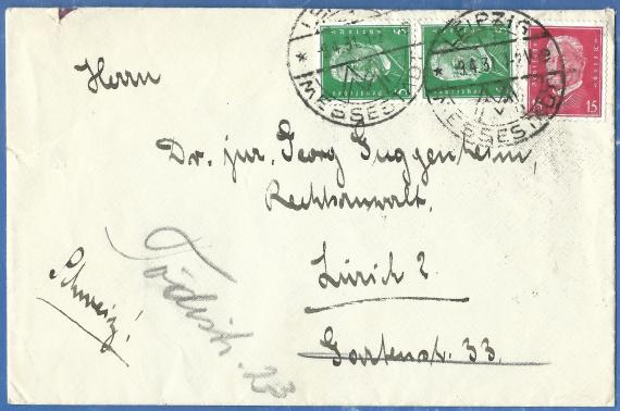 Envelope addressed to Dr. jur. Georg Guggenheim in Zurich, Gartenstrasse 33, - sent from Leipzig on April 9, 1931