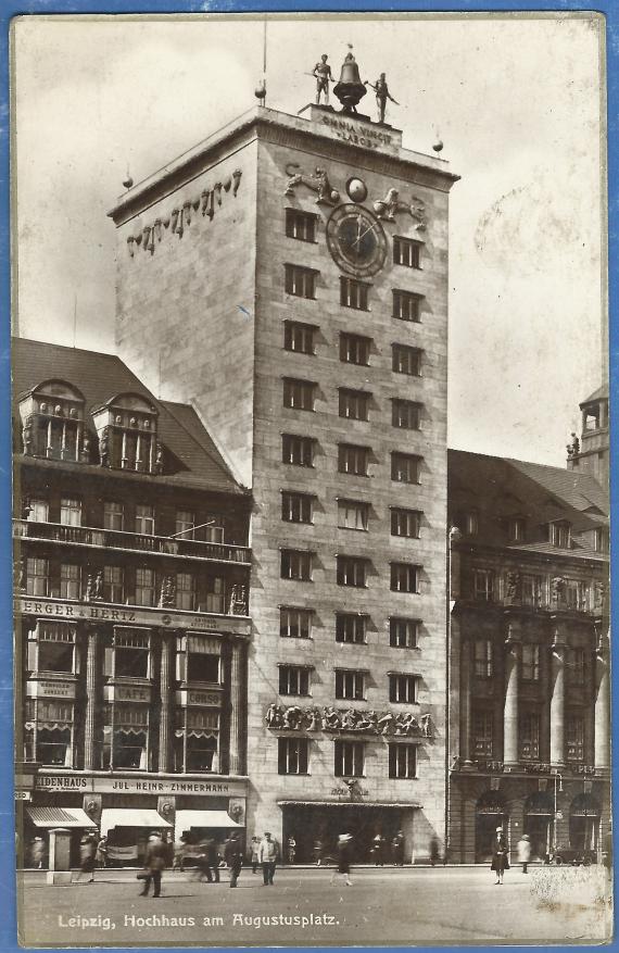 Old picture postcard of Leipzig from around 1928 - 1930 - high-rise building on Augustusplatz - meant is the " Kroch - high-rise ".