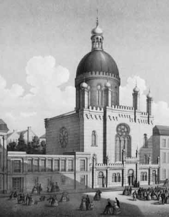 Old drawing of a large synagogue with dome.