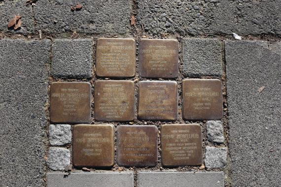 Nine golden Stolpersteine with inscription on the ground.