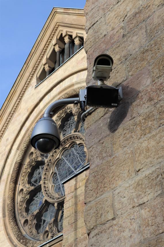 Two surveillance cameras at the synagogue.