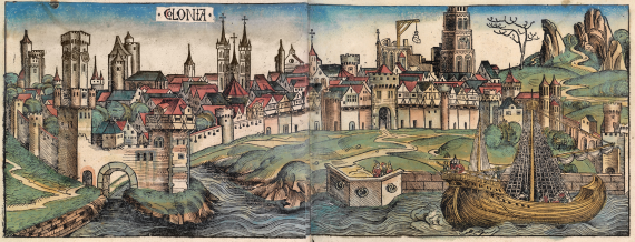 Alte Zeichnung der Stadt Köln. Die Stadtmauer und der Fluss Rhein sind abgebildet.