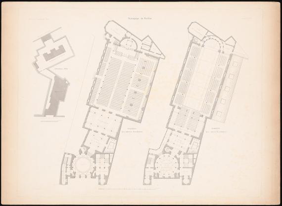 Ein alter Druck vom Grundriss der Synagoge. Das Erdgeschoss und die erste Etage sind abgebildet.