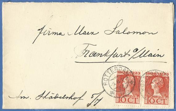 Envelope addressed to the firm Marx Salomon, Frankfurt am Main, Am Städelshof 5, - sent from Rotterdam on February 5, 1925