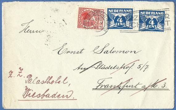 Envelope addressed to Mr. Ernst Salomon, Frankfurt am Main, Am Städelshof 5/7, - mailed from Rotterdam on May 8, 1926 - postal mark - currently Palasthotel, Wiesbaden