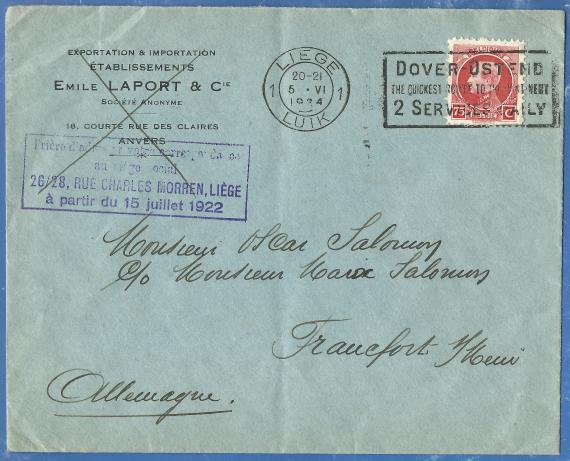 Envelope addressed to Monsieur Oscar & Monsieur Marx Salomon, Francfort - Main, - mailed from Liege in Belgium on June 5, 1924.