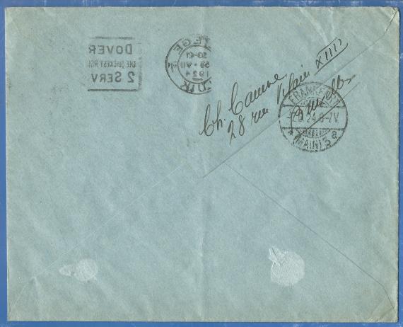 Envelope addressed to Monsieur Oscar & Monsieur Marx Salomon, Francfort - Main, - sent from Liege in Belgium on June 5, 1924 - back of letter