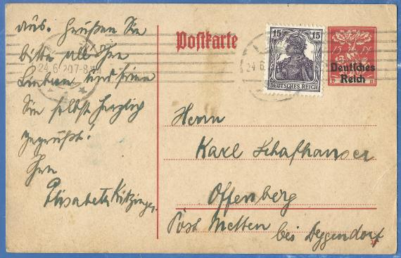 Postkarte von Elisabeth Kitzinger, versandt nach Offenberg am 24. Juni 1920 - Kartenvorderseite