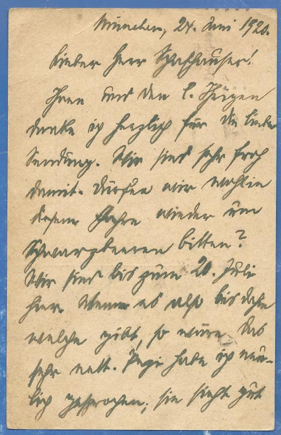 Postkarte von Elisabeth Kitzinger, versandt nach Offenberg am 24. Juni 1920 - Kartenrückseite