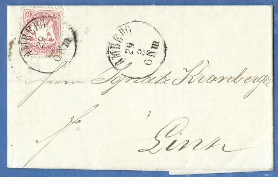 Brief an Ignatz Kronberger Brief an Herrn Ignatz Kronberger in Linz, - versandt von Amberg in Bayern am 28. März 1873 - Briefvorderseite