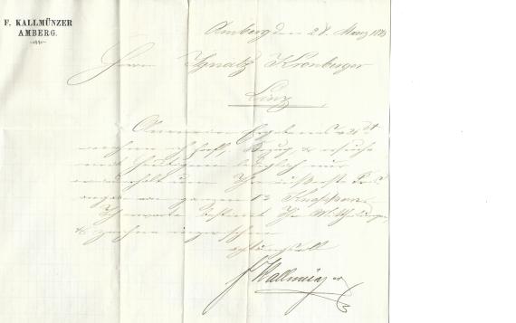 Brief an Ignatz Kronberger Brief geschäftlicher Art an Herrn Ignatz Kronberger in Linz, - versandt von Amberg in Bayern am 28. März 1873 - Brief - Innenseite