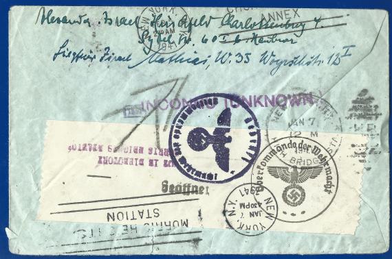 Envelope from Alexander " Israel " Hirschfeld from Berlin, Sybelstraße 60, - sent in December 1940 to Mr. Arno Rosenfeld in New York - back of letter with return note and censorship stamp