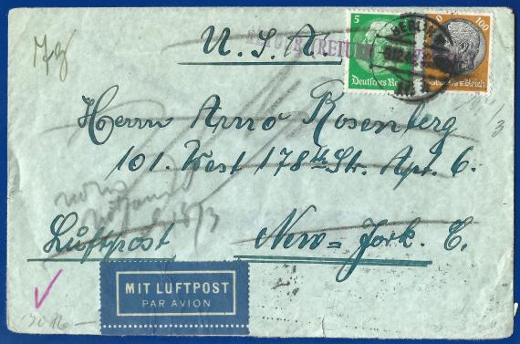 Envelope from Alexander " Israel " Hirschfeld from Berlin, Sybelstraße 60, - sent in December 1940 to Mr. Arno Rosenfeld in New York - front of letter