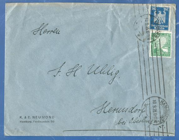 Business envelope from K. & E. Neumond, Hamburg, Ferdinandstraße 56, - mailed to Hermsdorf on September 10, 1925