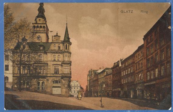 Old picture postcard of Glatz, Ring, - with the store of Georg Löwy, - sent on November 5, 1915