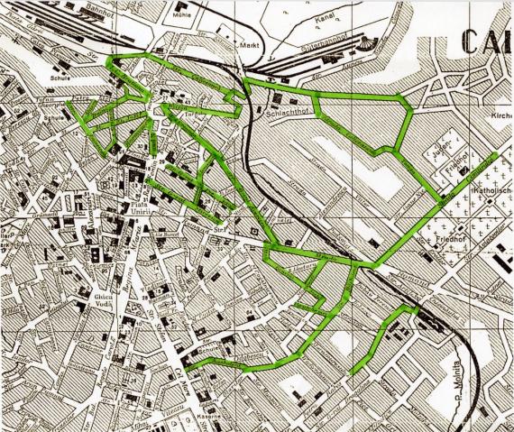 Stadtplan von Czernowitz mit grün eingezeichnetem Verlauf der Grenzen