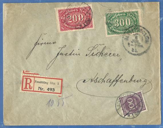 Briefumschlag -Justin Sicherer Briefumschlag an die Firma Justin Sicherer in Aschaffenburg, - versandt aus Neuötting am 7. Juli 1923