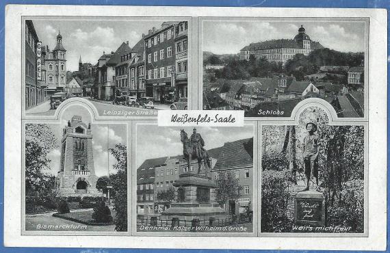 Ältere Mehrbild-Ansichtskarte von Weißenfels-Saale mit der Leipziger Sraße und dem Geschäft Gumpel - aus der Zeit um 1930