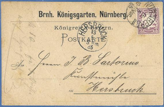 Business postcard from Bernhard Königsgarten in Nuremberg, - mailed May 13, 1885 - front of card