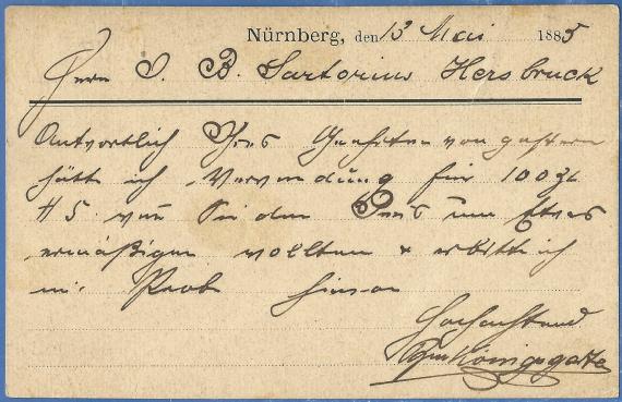 Business postcard from Bernhard Königsgarten in Nuremberg, - mailed May 13, 1885 - back of card