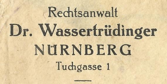 Geschäftsbriefumschlag von Rechtsanwalt Dr. Wassertrüdinger in Nürnberg,Tuchgasse 1, - versandt am 20, April 1923 - Ausschnittvergrößerung Adresse