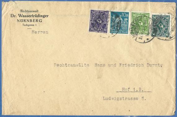 Geschäftsbriefumschlag von Rechtsanwalt Dr. Wassertrüdinger in Nürnberg,Tuchgasse 1, - versandt am 20, April 1923 - Ausschnittvergrößerung Adresse