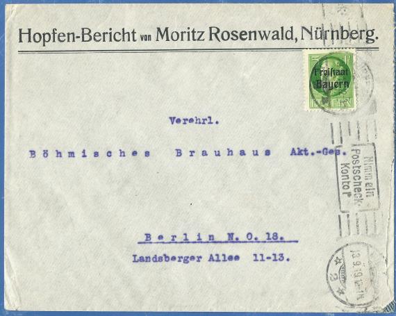 Geschäfts - Briefumschlag der Hopfenhandlung Moritz Rosenwald in Nürnberg, - versandt am 13. September 1919