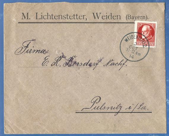 Envelope of the wool, white and short goods store of M. Lichtenstetter in Weiden, - mailed October 2, 1914.