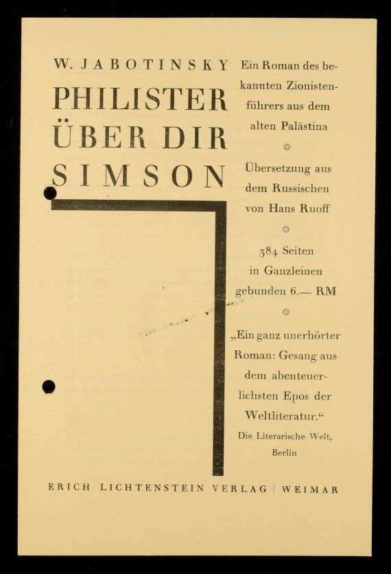 Informationsblatt des Erich Lichtenstein Verlags über Neuerscheinung von "Philister über dir Simson" Informationsblatt des Erich Lichtenstein Verlags zur Neuerscheinung eines Buches