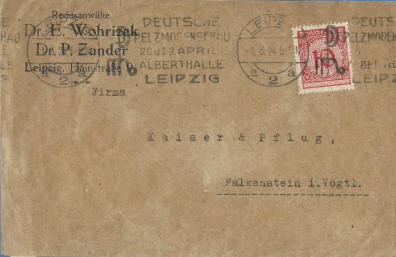 Geschäfts-Briefumschlag der Rechtswälte  Dr. E. Wohrizek  -  Dr. P. Zander, Hainstraße 9 in Leipzig, - versandt am 1. März 1924 