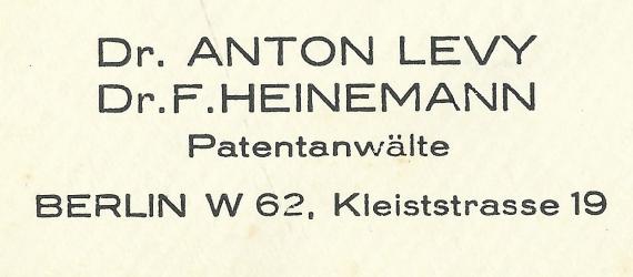 Business envelope of the patent attorneys Dr. Anton Levy - Dr. F. Heinemann, Kleiststrasse 19 in Berlin, - mailed on June 29, 1938 - detail enlargement of law firm address