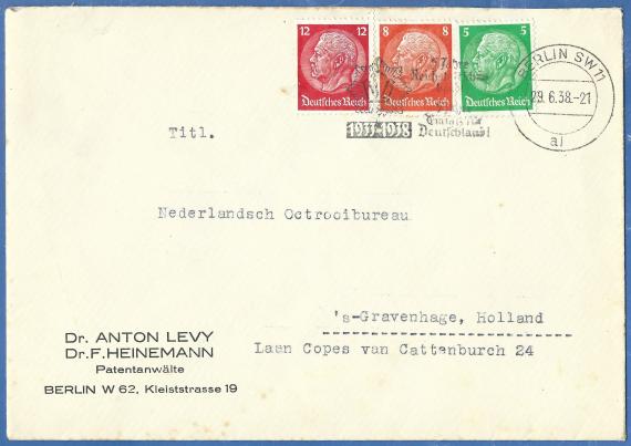 Geschäfts-Briefumschlag der Patentanwälte Dr. Anton Levy - Dr. F. Heinemann, Kleiststraße 19 in Berlin, - versandt am 29. Juni 1938