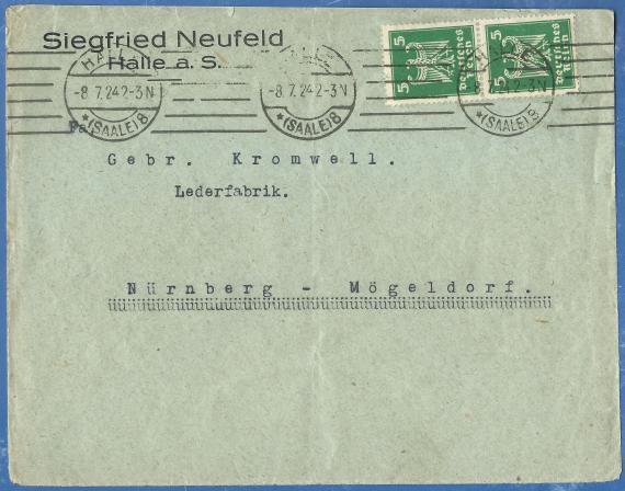 Envelope from Siegfried Neufeld in Halle, - mailed July 8, 1924.