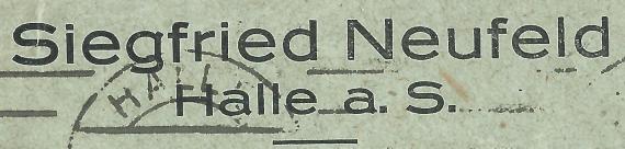 Briefumschlag von Siegfried Neufeld in Halle, - versandt am 8. Juli 1924 - Ausschnittvergrößerung Adresse