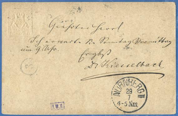 Postcard to Mr. S. Levi in Nuremberg, Kaiserstraße, - mailed July 29, 1884 - back of card