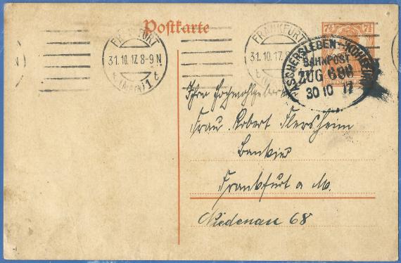 Postcard to Your Worshipfulness Mrs. Robert Flersheim, Banker, Frankfurt a.M., Niedenau 68, - mailed October 30, 1917