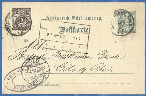 Postkarte geschäftlicher Art der " Gebrüder Rosenfeld " in Stuttgart, - versandt am 4. April 1901 