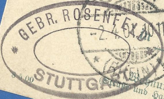 Postcard of business nature of " Gebrüder Rosenfeld " in Stuttgart, - mailed on April 4, 1901 - detail enlargement of company postmark