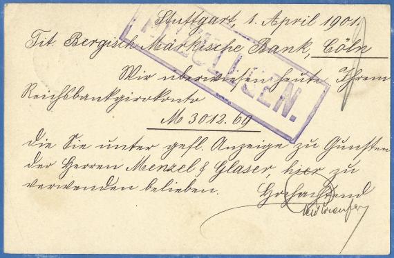 Postkarte geschäftlicher Art der " Gebrüder Rosenfeld " in Stuttgart, - versandt am 4. April 1901  -  Kartenrückseite