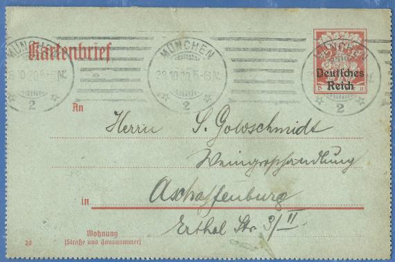 Kartenbrief an Herrn S. Goldschmidt, Weingroßhandlung in Aschaffenburg, Erthal Straße 3 /II  -  versandt am 28.Oktober 1920 - Briefvorderseite