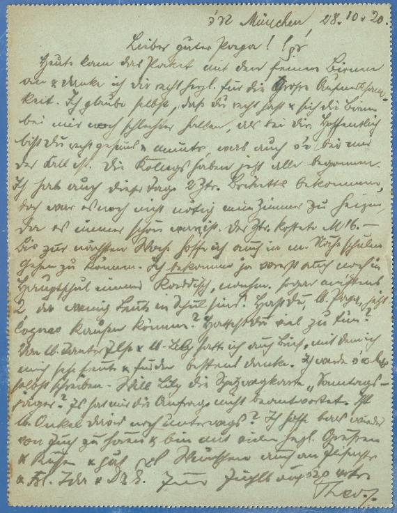 Kartenbrief an Herrn S. Goldschmidt, Weingroßhandlung in Aschaffenburg, Erthal Straße 3 /II  -  versandt am 28.Oktober 1920 - Brief-Innenseite - Textteil