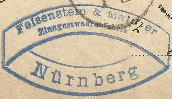 Postkarte geschäftlicher Art der " Zinngusswarenfabrik Felsenstein & Mainzer " von Nürnberg, - versandt am 23. Januar 1887 - Ausschnittvergrößerung Firmenstempel