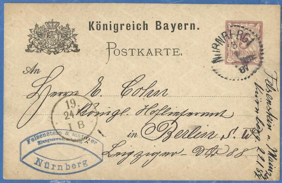 Postkarte geschäftlicher Art der " Zinngusswarenfabrik Felsenstein & Mainzer " von Nürnberg, - versandt am 23. Januar 1887 