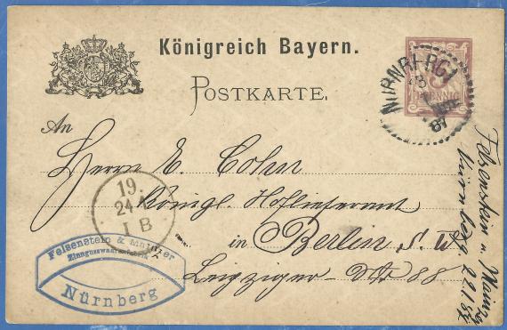 Postkarte - E. Cohn Postkarte geschäftlicher Art an Herrn " E. Cohn, - Königlicher Hoflieferant " in Berlin, Leipziger Straße 88 - versandt am 23. Januar 1887